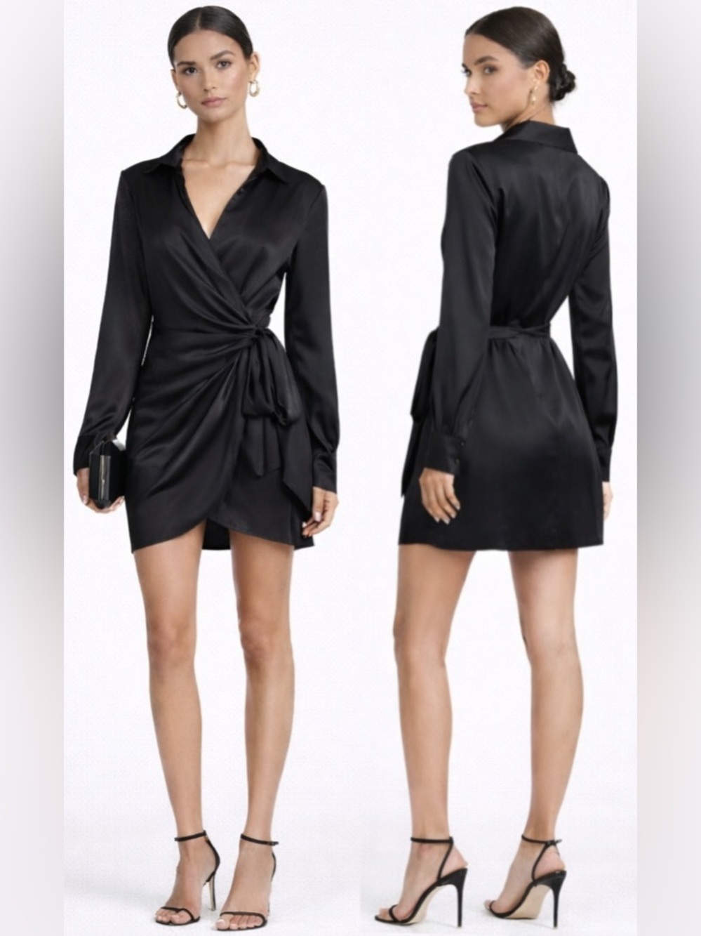House of Harlow 1960 Black Satin Wrap Mini Dress Size S